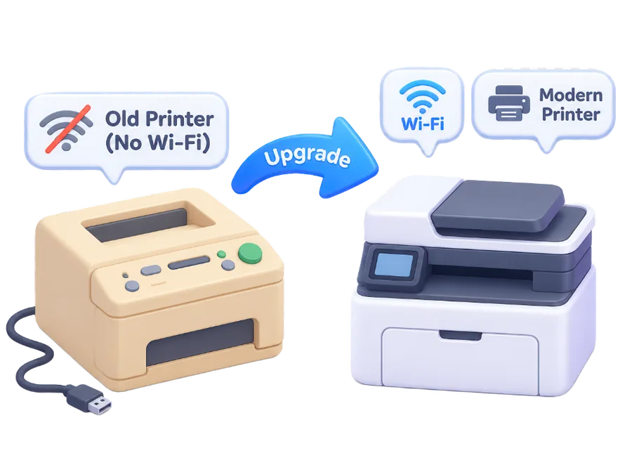So sánh máy in cũ không WiFi và máy in mới hỗ trợ WiFi AirPrint